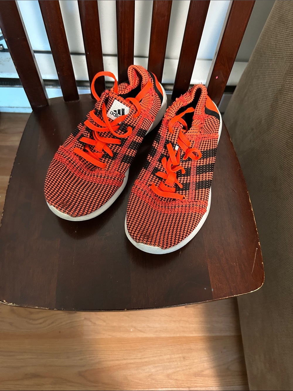 adidas Kids Bright Orange Knit Sneakers with Black Stripes